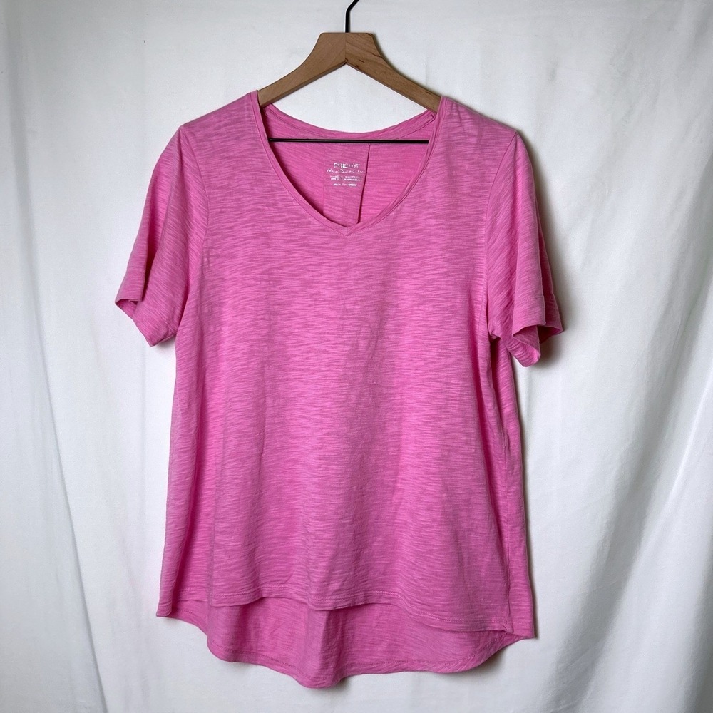 Chico's Women Slub Knit V-Neck Back Pleat Ultimate Tee Size 1/M Pink Lightweight